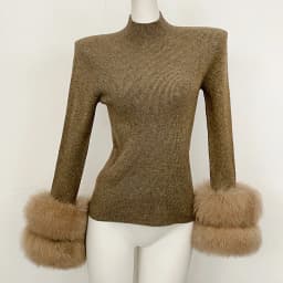 OFTBUY Slim Fit Half Turtleneck Ribbed Knit Sweater for Women Real Fur Cuff Trim Long Sleeve Warm Basic Layering Top New Winter