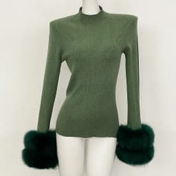 OFTBUY Slim Fit Half Turtleneck Ribbed Knit Sweater for Women Real Fur Cuff Trim Long Sleeve Warm Basic Layering Top New Winter