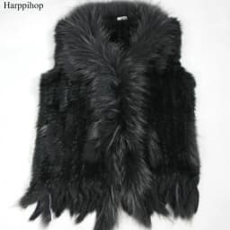 Harppihop womens natural real rabbit fur vest with raccoon fur collar waistcoat/jackets rex rabbit knitted winte