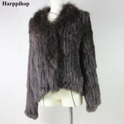 Harppihop rabbit fur Genuine Knitted coat for Women Raccoon Fur collar Jacket Trench Outwear fashion street party jacketC918