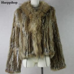 Harppihop rabbit fur Genuine Knitted coat for Women Raccoon Fur collar Jacket Trench Outwear fashion street party jacketC918