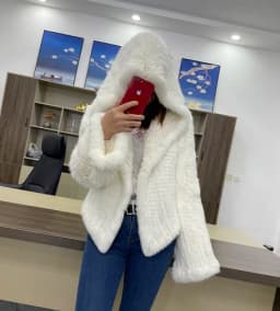 MPPM Natural Rabbit Fur Coat Women Real Rabbit Fur Hooded Coat Long Sleeve Women's Jacket Casual Loose Knitted Fur Jacket