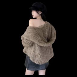 Women's Rabbit Fur Coat Winter Thickened Short Knitted Outerwear Fluffy Zipper Style Long Sleeve Hooded Casual Fashion