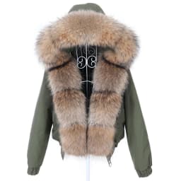 MAOMAOKONG Winter Women's Winter Real Fox Fur Black Parka Jacket Slim Fit With Big Natural Raccoon Placket Fur Collar Short Coat