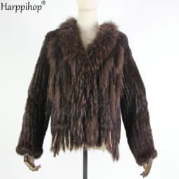 The new Genuine Knitted Women Rabbit Raccoon Fur collar Coat Jacket Trench Outwear Parka fur coats with tassels 18 color