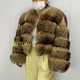 BEIZIRU Women's Real Raccoon Fur Coat Winter Long Sleeve Hooded Jacket with Turndown Collar Natural Luxury Thick Top