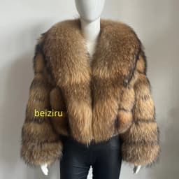 BEIZIRU Women's Real Raccoon Fur Coat Winter Long Sleeve Hooded Jacket with Turndown Collar Natural Luxury Thick Top