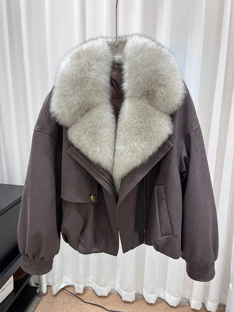 2025 New Winter Natural Fox Fur Collar Goose Down Jacket Women Motorcycle Suit Luxury Puffer Jackets Clothing Hot Sale