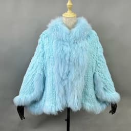 2026 New Fashion Lady Real Genuine Natural Knitted Rabbit Fur Shawl Coat With Fox Fur Collar Women's Fashion Knit Jacket Cape