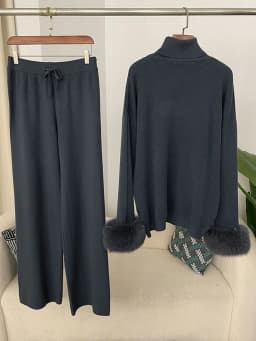 OFTBUY 2024 New Fashion Autumn Winter Natural Real Fox Fur Cuffs Coat Knitted Sweater Women Long Pants Set Jacket Thick Warm