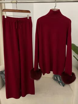 OFTBUY 2024 New Fashion Autumn Winter Natural Real Fox Fur Cuffs Coat Knitted Sweater Women Long Pants Set Jacket Thick Warm