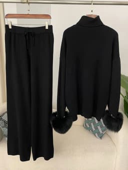 OFTBUY 2024 New Fashion Autumn Winter Natural Real Fox Fur Cuffs Coat Knitted Sweater Women Long Pants Set Jacket Thick Warm