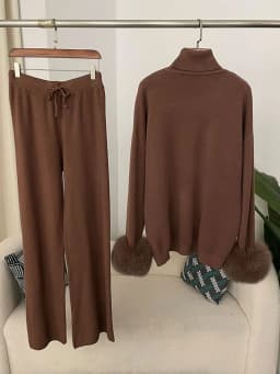 OFTBUY 2024 New Fashion Autumn Winter Natural Real Fox Fur Cuffs Coat Knitted Sweater Women Long Pants Set Jacket Thick Warm