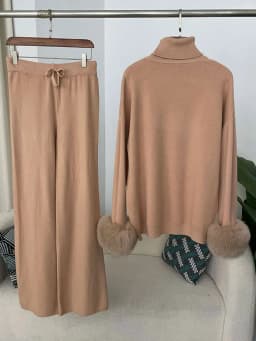 OFTBUY 2024 New Fashion Autumn Winter Natural Real Fox Fur Cuffs Coat Knitted Sweater Women Long Pants Set Jacket Thick Warm