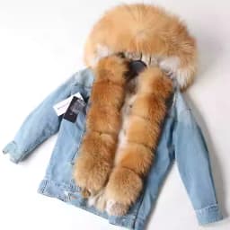 2025Maomaokong Denim Jacket Parka Winter Women Parkas Real Fur Collar Coat Natural Raccoon Fur Hood Real Rabbit Fur Liner Luxury