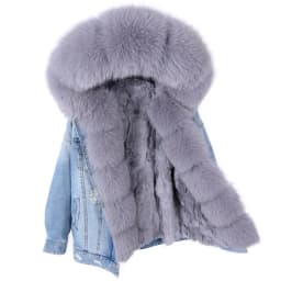 2025Maomaokong Denim Jacket Parka Winter Women Parkas Real Fur Collar Coat Natural Raccoon Fur Hood Real Rabbit Fur Liner Luxury