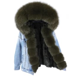 2025Maomaokong Denim Jacket Parka Winter Women Parkas Real Fur Collar Coat Natural Raccoon Fur Hood Real Rabbit Fur Liner Luxury