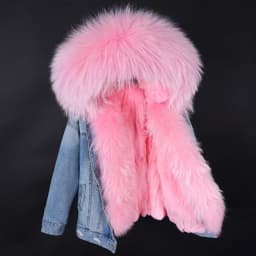 2025Maomaokong Denim Jacket Parka Winter Women Parkas Real Fur Collar Coat Natural Raccoon Fur Hood Real Rabbit Fur Liner Luxury