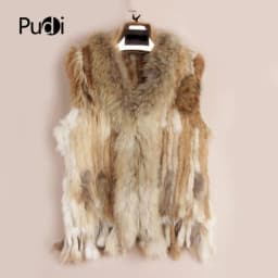 VR001 Womens Natural Real Rabbit Fur Vest With Raccoon Fur Collar Waistcoat/jackets Rex Rabbit Knitted Winter