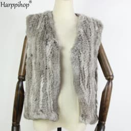 New knitted Rabbit fur vest gilet sleeveless garment waistcoat natural brown /grey/black