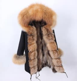 Maomaokong Natural Real Fur Lining Winter Women Jacket Long Fox Fur Coat Raccoon Fur Collar Hooded Thick Black Waterproof Parkas