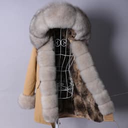 MAOMAOKONG 2026 Removable Real Fox Fur Collar Coats Woman Winter Jacket Hooded Rabbit fur lining Long Parkas Female Clothes