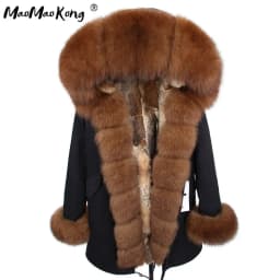 Maomaokong Women's Winter Coat with Natural Raccoon Fur Collar And Natural Rabbit Fur Lining in Red Army Green
