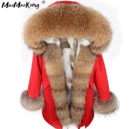 Maomaokong Women's Winter Coat with Natural Raccoon Fur Collar And Natural Rabbit Fur Lining in Red Army Green