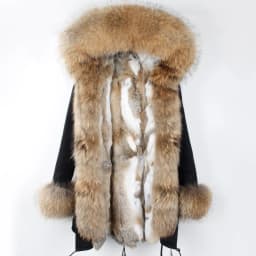 Maomaokong Women's Winter Coat with Natural Raccoon Fur Collar And Natural Rabbit Fur Lining in Red Army Green
