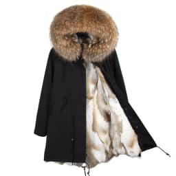 Maomaokong Women's Winter Coat with Natural Raccoon Fur Collar And Natural Rabbit Fur Lining in Red Army Green