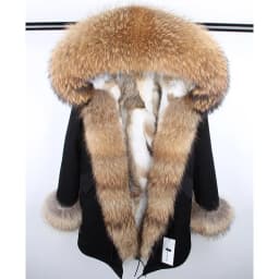 Maomaokong Women's Winter Coat with Natural Raccoon Fur Collar And Natural Rabbit Fur Lining in Red Army Green
