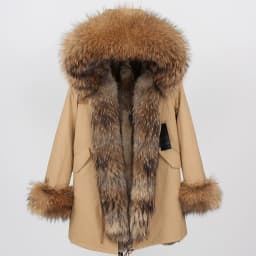 Maomaokong Women's Winter Coat with Natural Raccoon Fur Collar And Natural Rabbit Fur Lining in Red Army Green