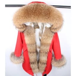 Maomaokong Women's Winter Coat with Natural Raccoon Fur Collar And Natural Rabbit Fur Lining in Red Army Green