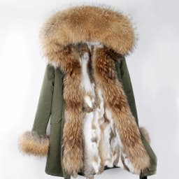 Maomaokong Women's Winter Coat with Natural Raccoon Fur Collar And Natural Rabbit Fur Lining in Red Army Green