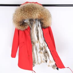 Maomaokong Women's Winter Coat with Natural Raccoon Fur Collar And Natural Rabbit Fur Lining in Red Army Green