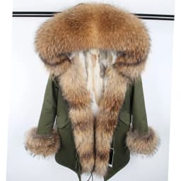 Maomaokong Women's Winter Coat with Natural Raccoon Fur Collar And Natural Rabbit Fur Lining in Red Army Green