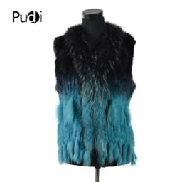 VR001-17 Womens Natural Real Rabbit Fur Vest With Raccoon Fur Collar Waistcoat/jackets Rex Rabbit Knitted