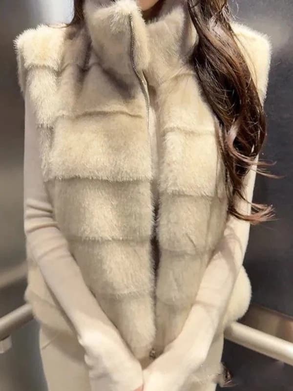 Winter Chic Luxury Fake Fur Vest Women's Zipper Sleeveless Stand Collar Warm Outerwear Short Style Straight Tube Shape
