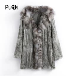 CT903 Pudi New Autumn Women Genuine Rabbit Fur Coat With Real Fox Collar Lady Casual Winter Jacket Trench
