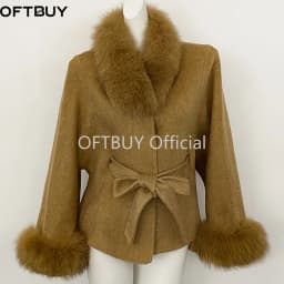 OFTBUY New Winter Natural Fur Woolen Jacket Women Luxury Short 100% Wool Coat Real Fox Fur Collar Belted Waist Outerwear Female