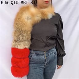HUAQIUMEISI Natural Real Fox Fur Single and Double Sleeves Women Fur Coat with a Pair of Sleeves Natural Raccoon Fur Jackets