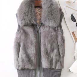 Women's Genuine Real Rabbit Fur Fox Fur Collar Knitting Women's Winter vest Fur Jacket Casual Short Outwear Slim with zipper