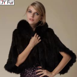 New Real Genuine Natural Knitted Mink Fur Shawl Coat With Fox Fur Collar Women's Fashion Knit Jacket Cape