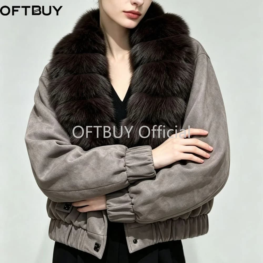 OFTBUY Cropped Elastic Cuff Duck Down Coat Vintage Outerwear New Real Fox Fur Collar Coat Women Button Puffer Jacket Female