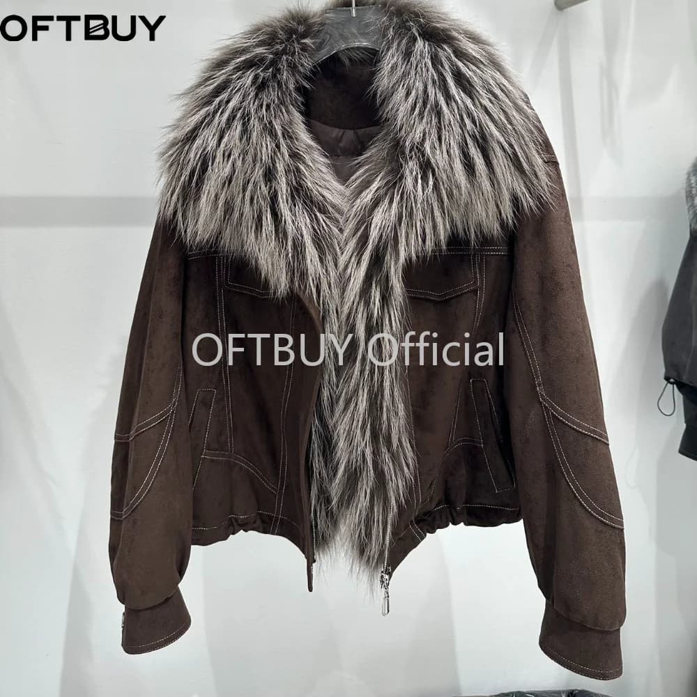 OFTBUY Real Fox Fur Oversized Collar Goose Down Jacket Winter Warm Zipper Drawstring Hem Outerwear Women Suede Cropped Coat