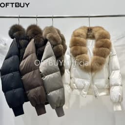 OFTBUY Winter Removable Real Fox Fur Collar Luxury Women Duck Down Jacket Glossy Short Puffer Coat Zipper Warm Fashion Outerwear