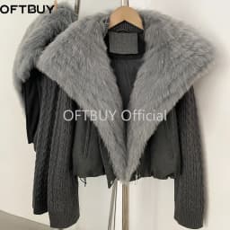OFTBUY Winter Real Fox Fur Collar Coat Women Zipper Duck Down Jacket Female Knit Sleeve Crop Puffer Coat Thick Warm Outerwear