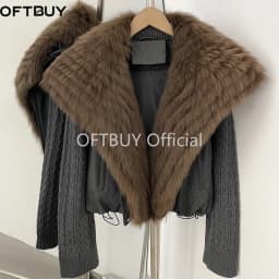 OFTBUY Winter Real Fox Fur Collar Coat Women Zipper Duck Down Jacket Female Knit Sleeve Crop Puffer Coat Thick Warm Outerwear