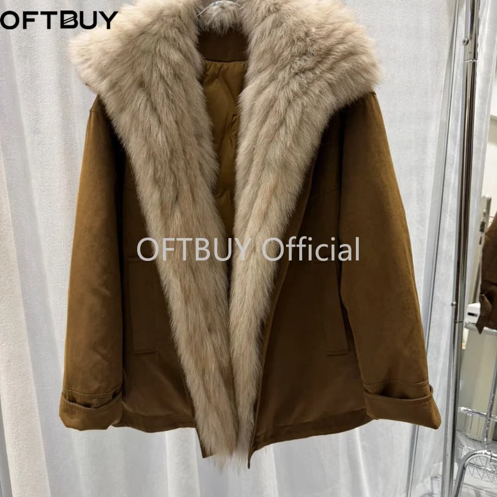OFTBUY Winter Warm Real Suede Jacket Button Thick Padded Fashion Loose Outerwear Women Luxury Fox Fur Collar Goose Down Parka