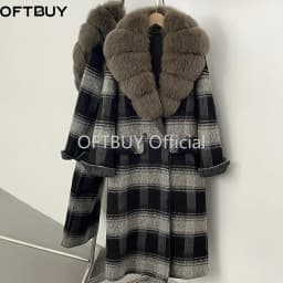 OFTBUY New Warm Winter Outerwear for Female Mid Long 100% Wool Coat Women Real Fox Fur Lapel Collar Vintage Plaid Woolen Jacket